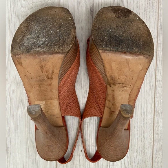Fendi Logo Orange Skin Platform Slingback Heels Sandals Stilettos Size 37.7 7.5 - Picture 7 of 8